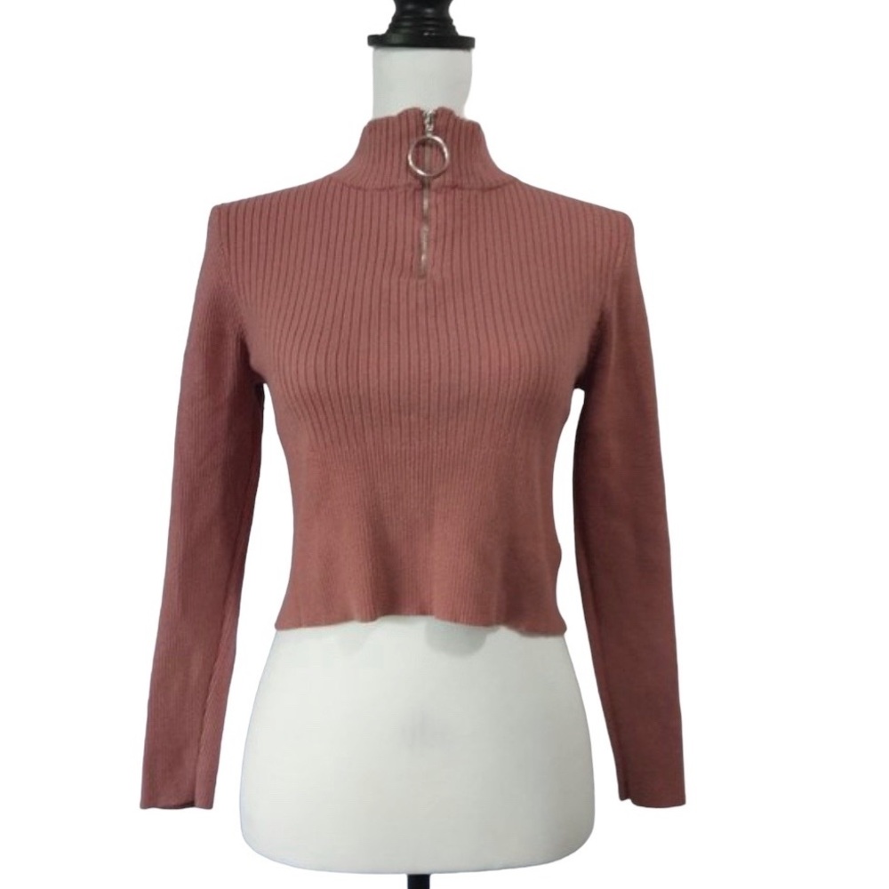 Love Tree Pink Peach High Neck 1/4 Zip Ribbed Knit Long Sleeve Crop Sweater L